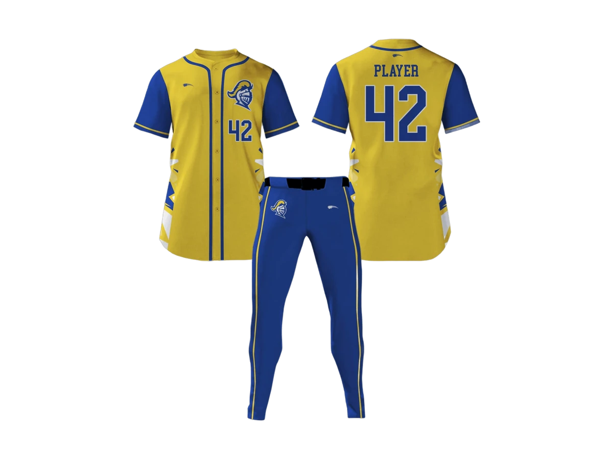 Blue and yellow baseball uniform shown front and back with matching pants.