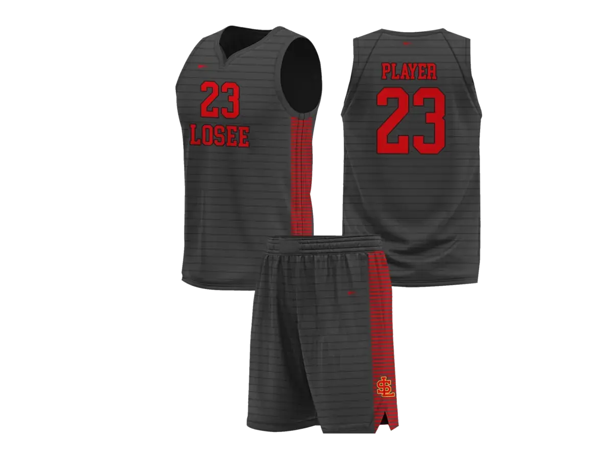 Black basketball jersey and shorts set shown front and back with red number details.