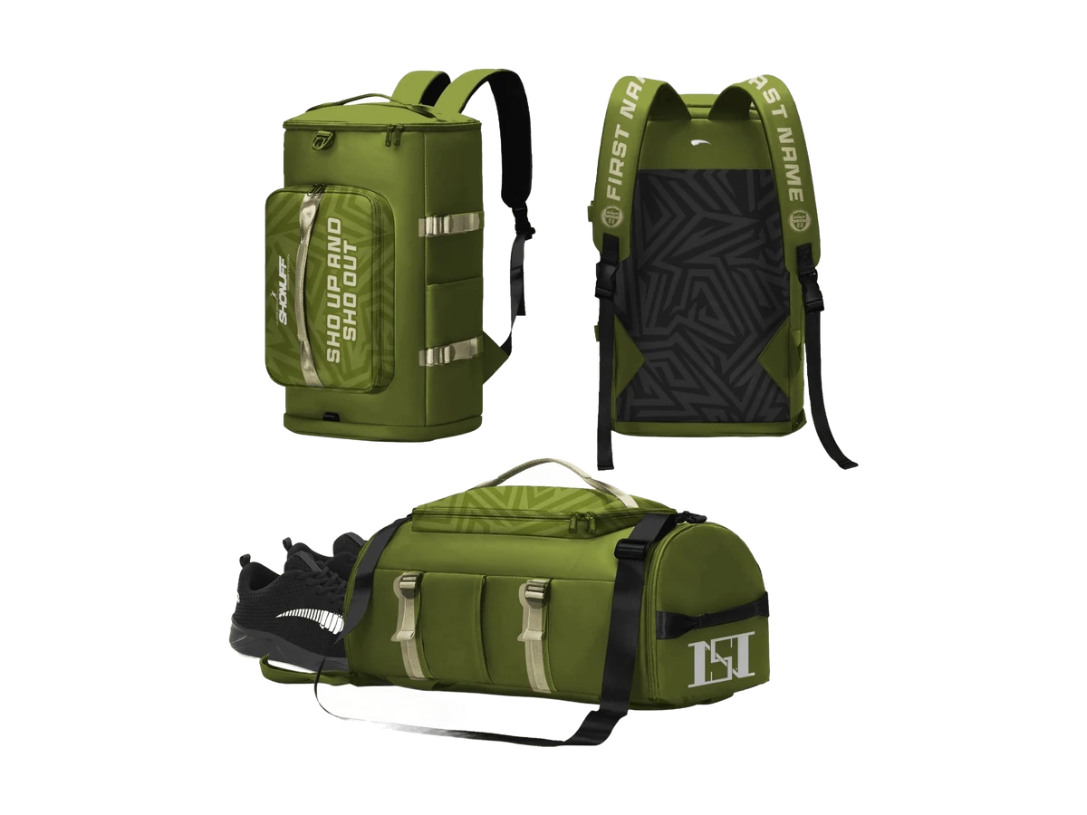 Olive team duffle bag and matching backpack shown from multiple angles.