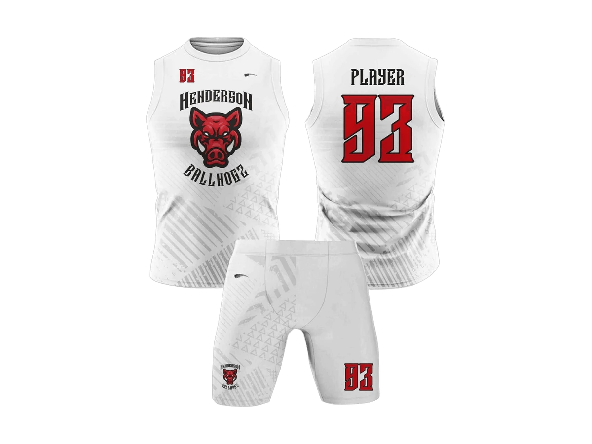 White and red flag football uniform shown front and back.
