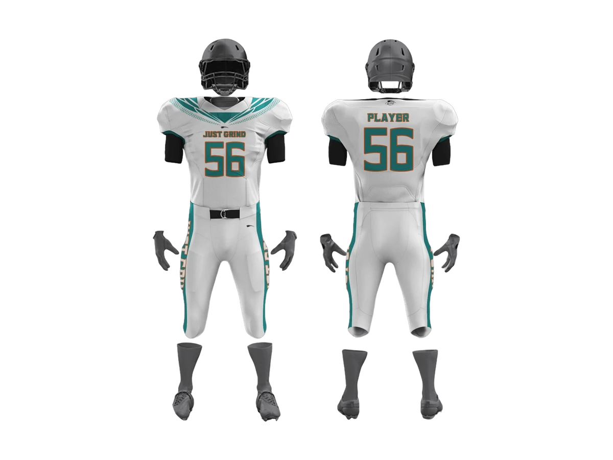 White and teal football uniform shown front and back.