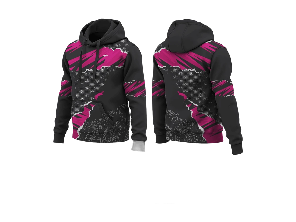 Black hoodie with magenta graphic panels shown front and back.