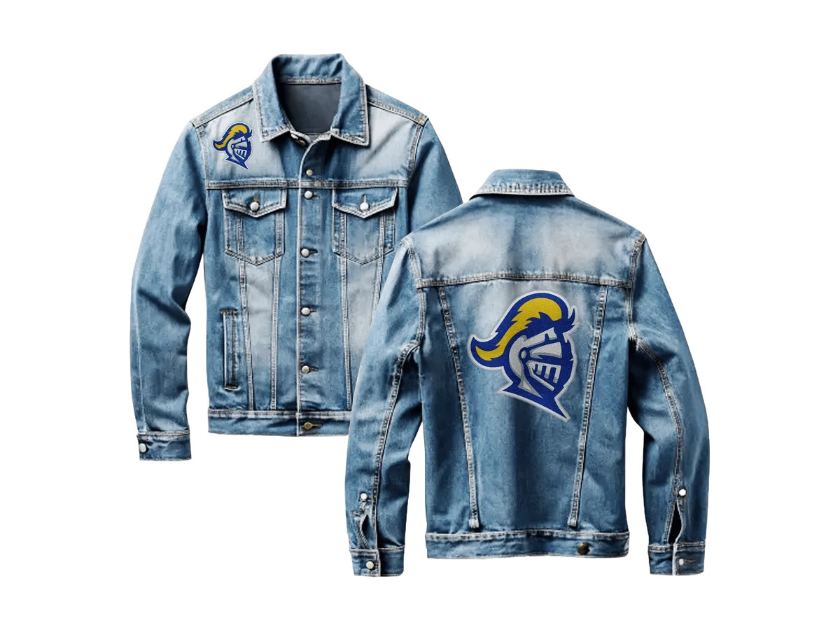Light blue denim jean jacket with Roc Street graphics shown front and back.