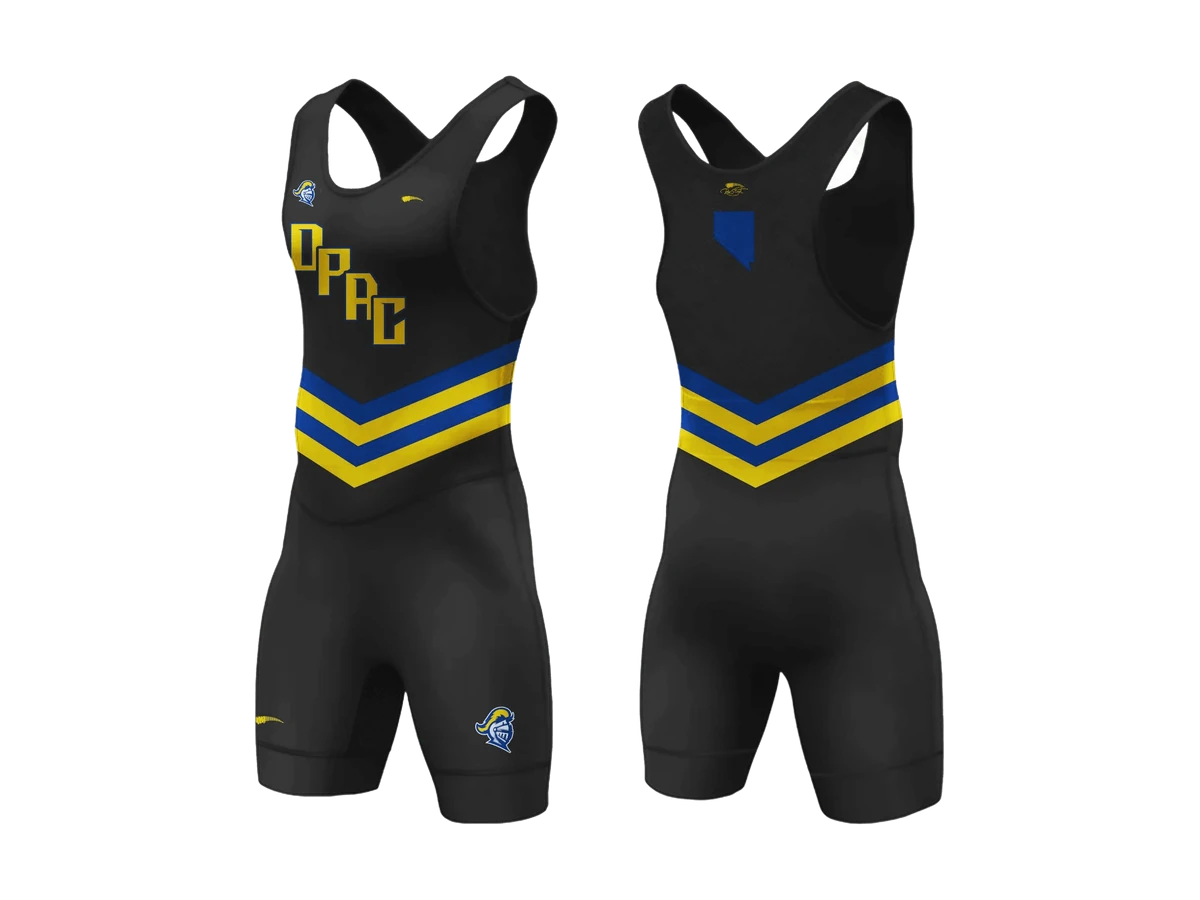 Black MMA singlet with blue and yellow chevrons shown front and back.