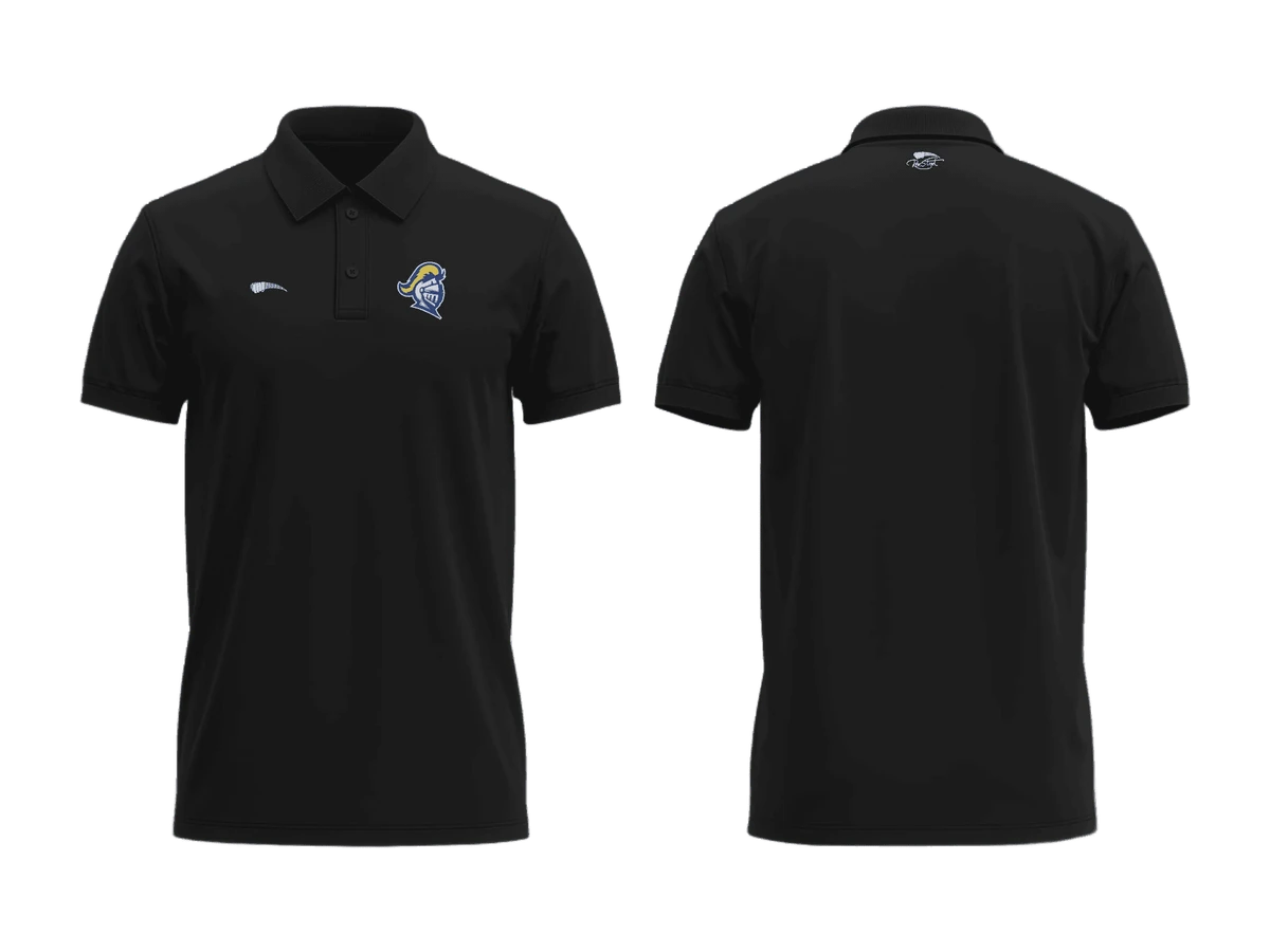 Black polo shirt shown front and back with a small Roc Street mark.