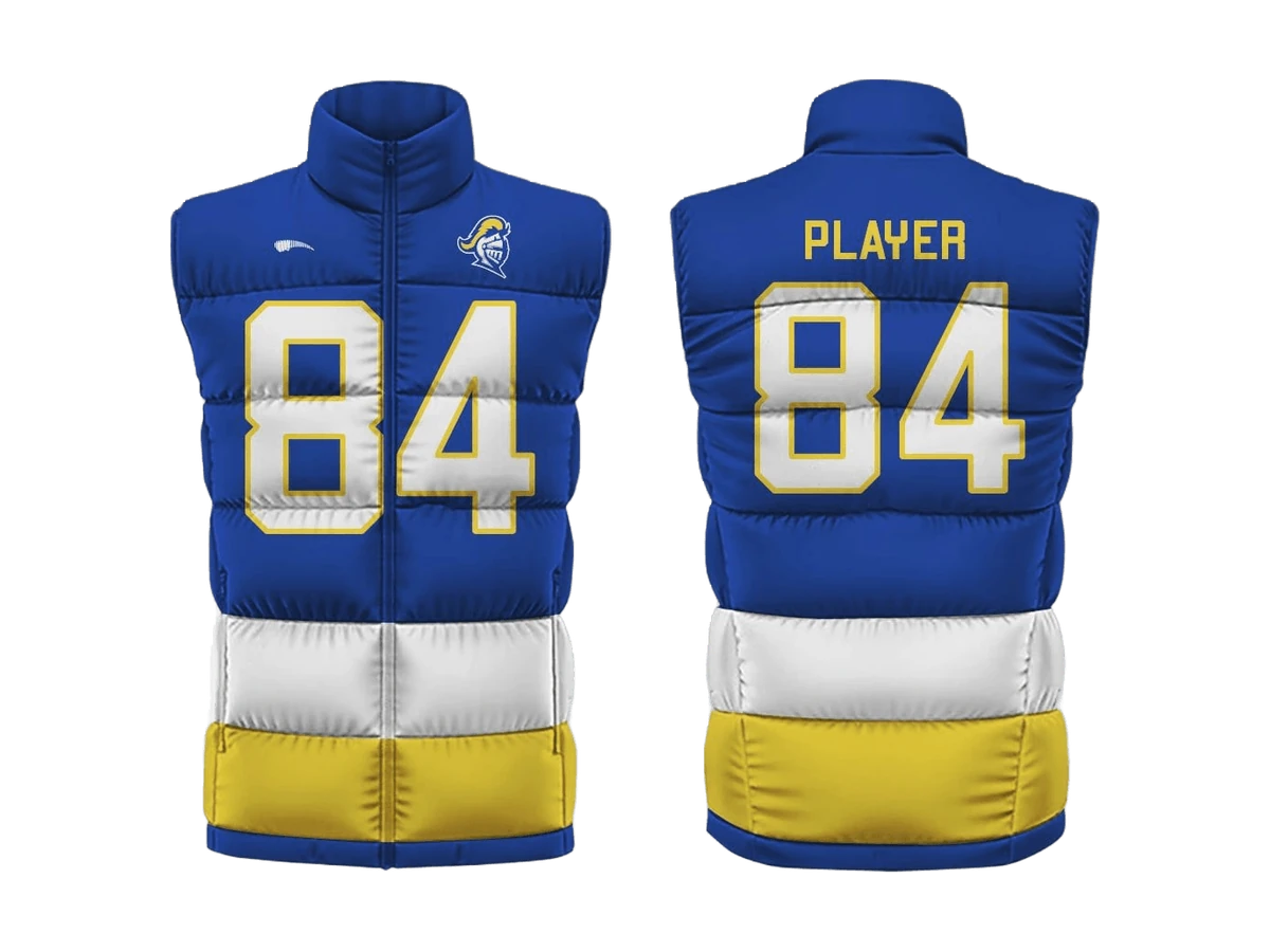 Blue puffer vest shown front and back with contrasting number detail.