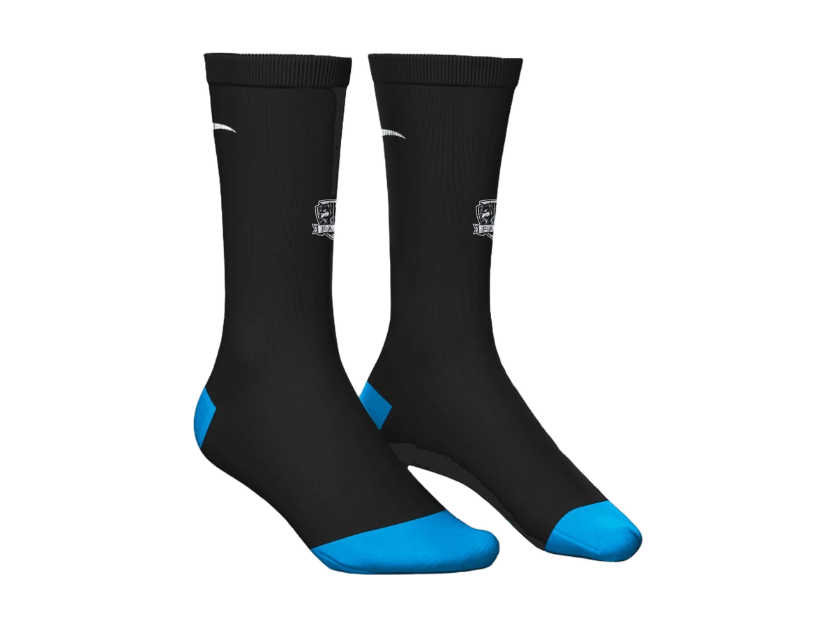 Black athletic socks shown side by side with blue heel and toe details.