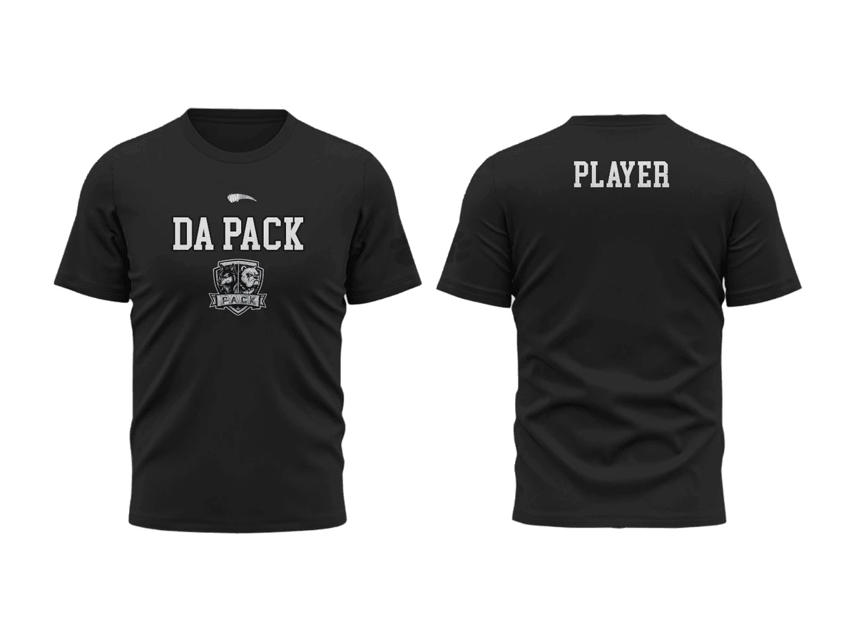 Black t-shirt shown front and back with white graphic lettering.
