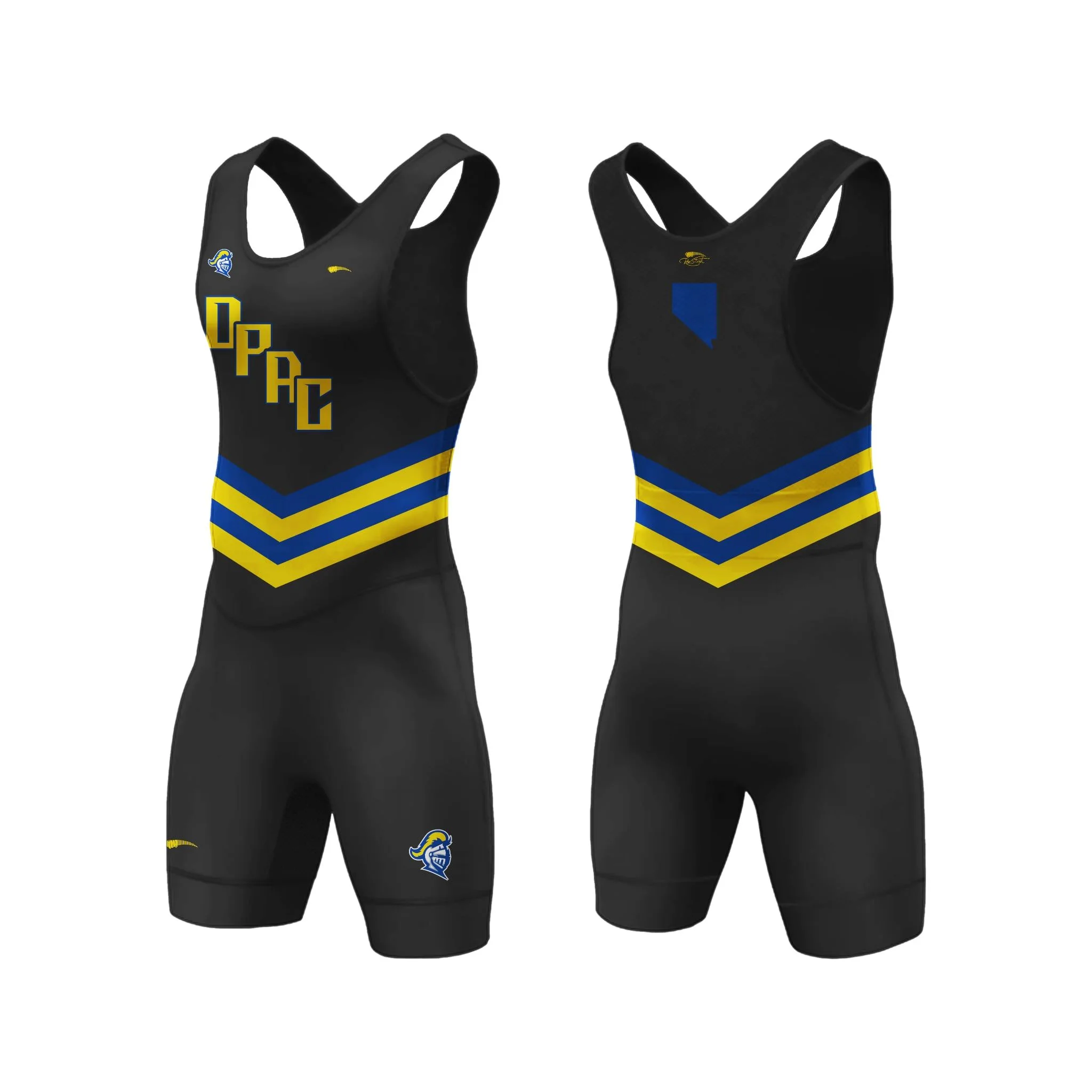 Black and blue MMA singlet product shown from the front and back