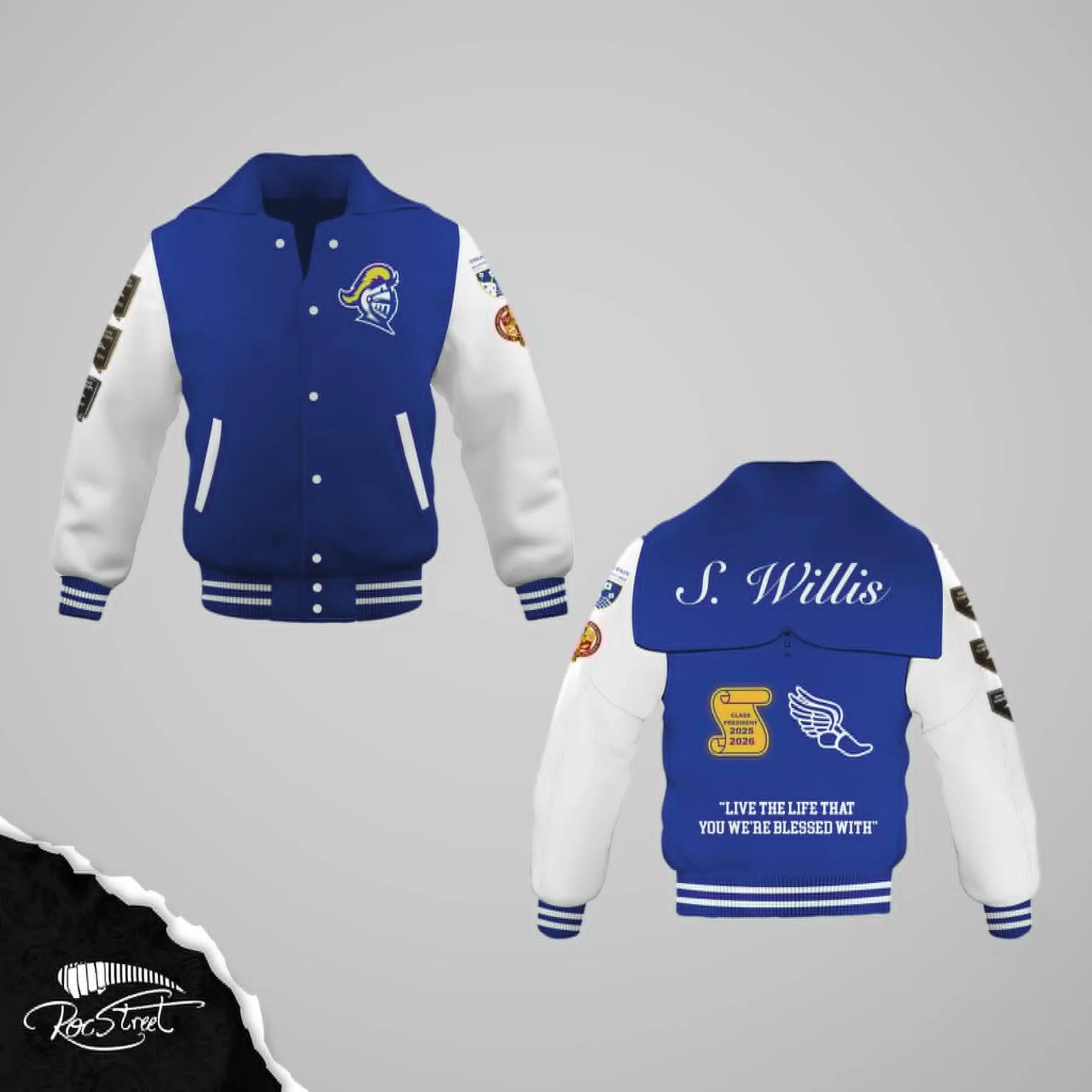 Blue and white Roc Street varsity jacket product study