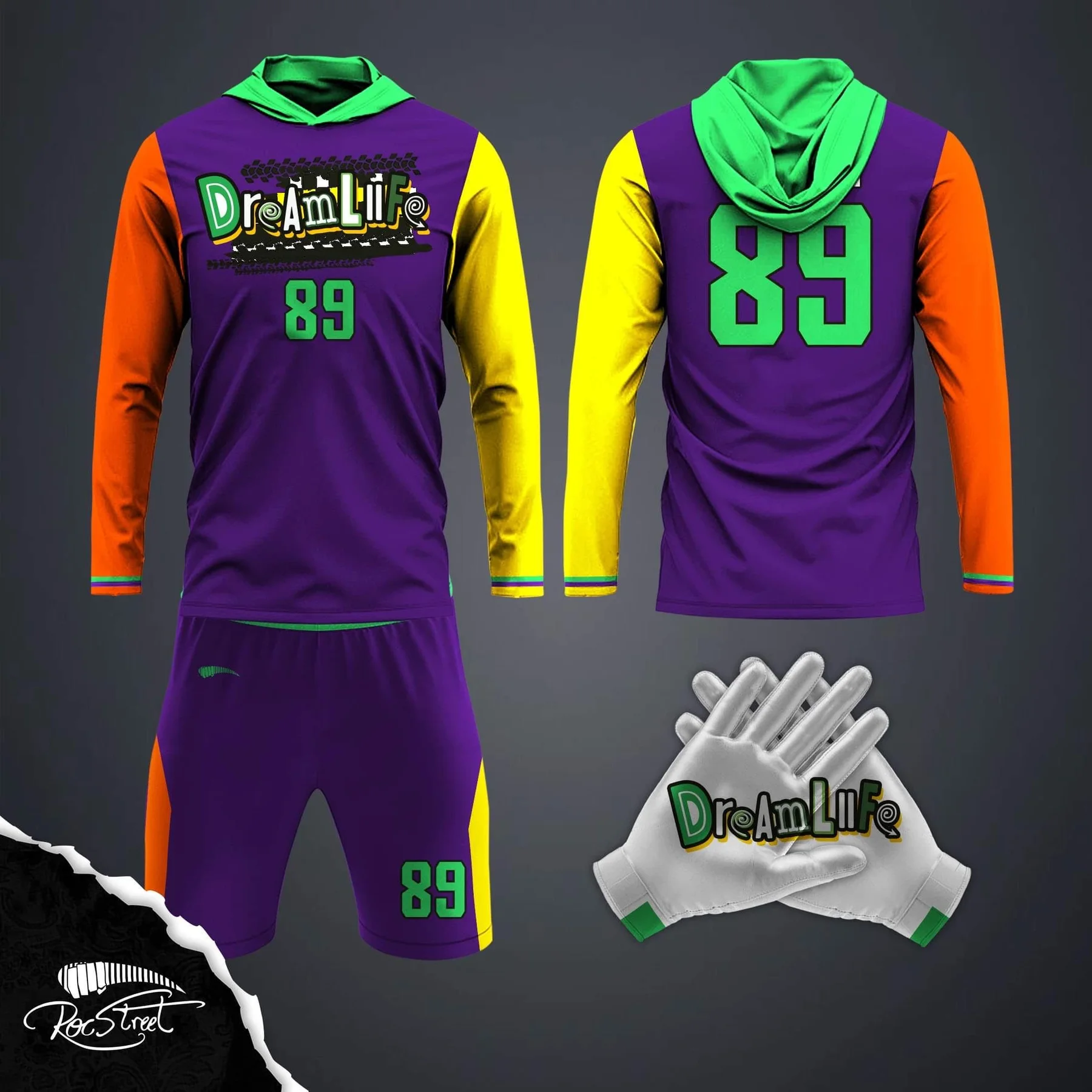 Purple and green Roc Street football uniform product study