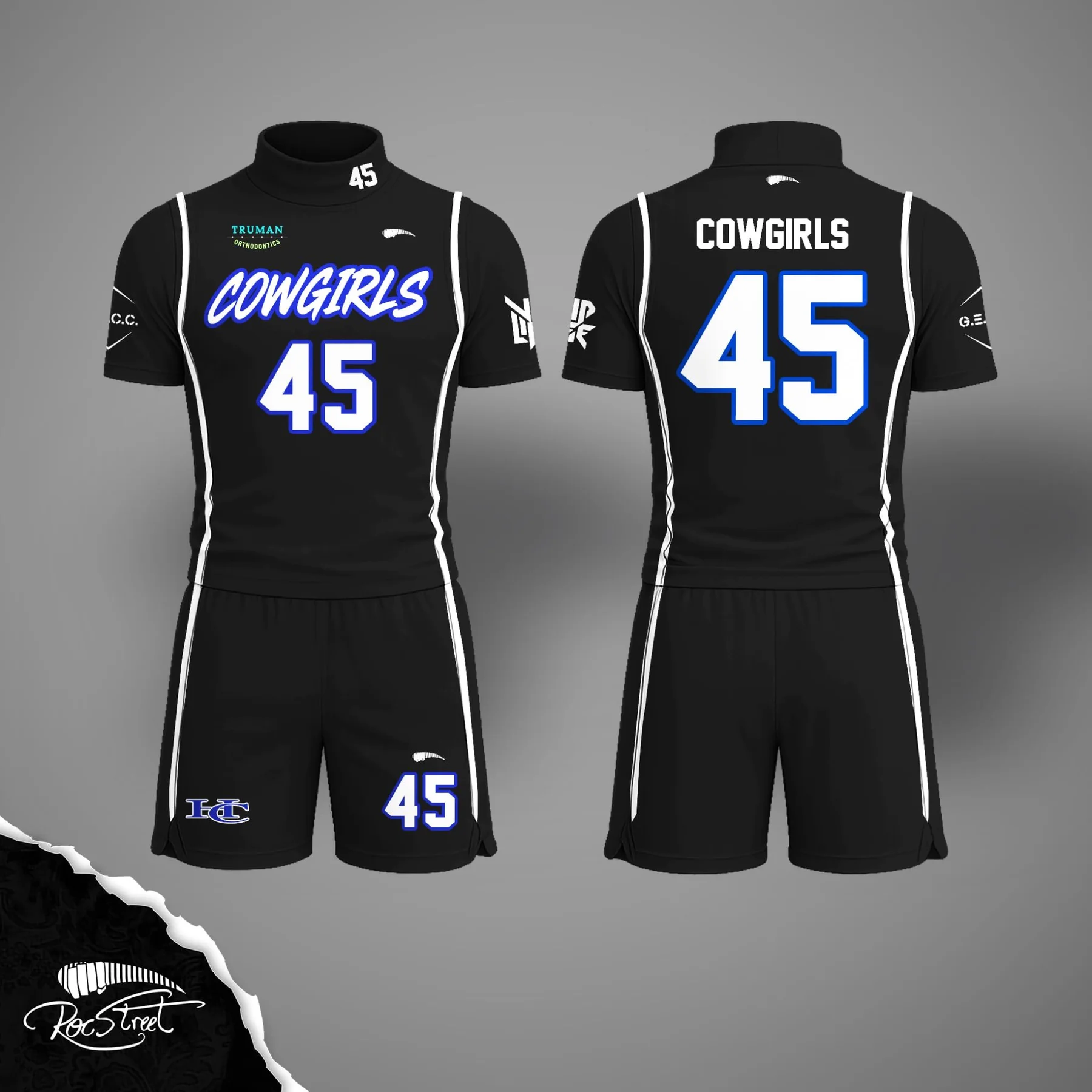 Black and white Roc Street flag football uniform product study